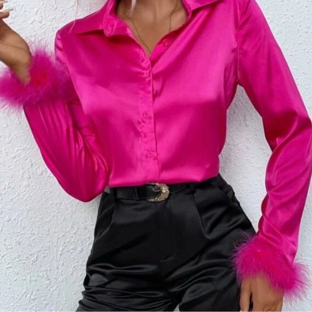 Pink Satin Blouse with Feather Cuffs